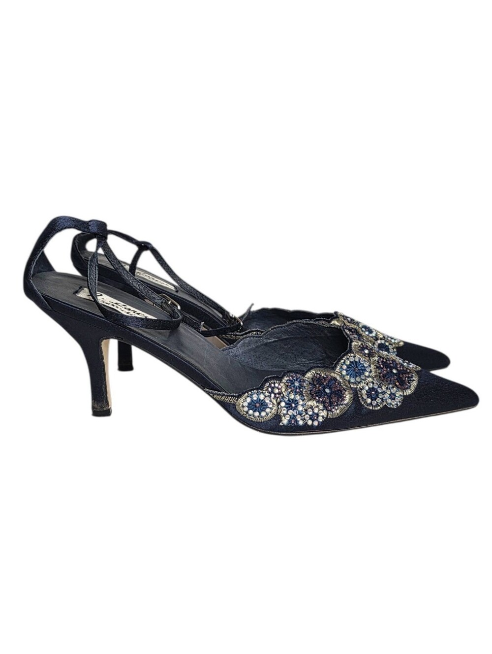 J Loren Collection Pointed Toe Slingback Heels Navy Blue Embroidered Satin 9.5 - Picture 2 of 12